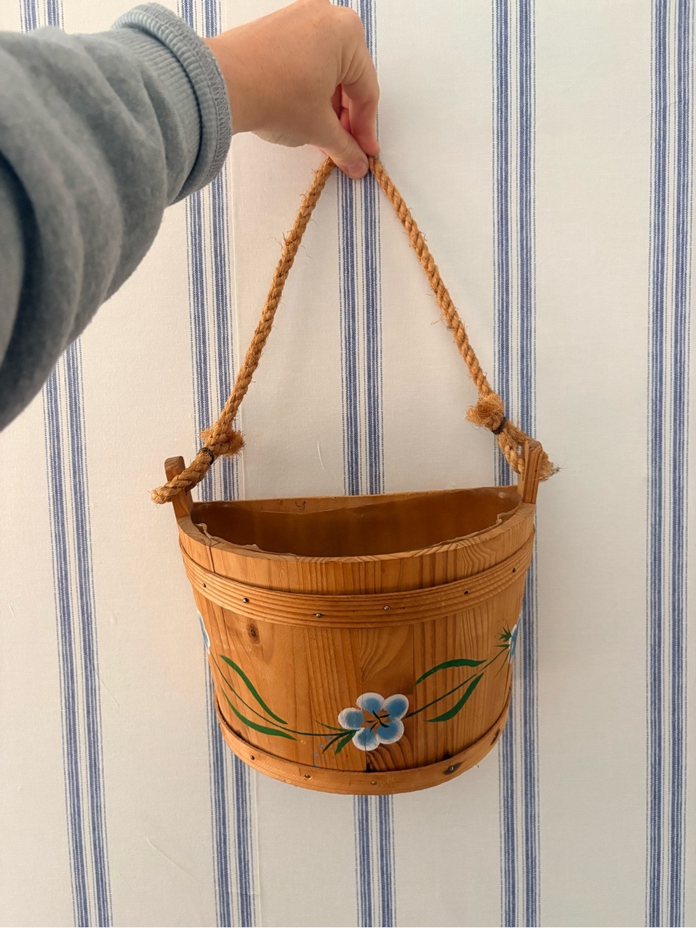Handpainted Brown Wooden Hanging Planter with Blue Floral Detail